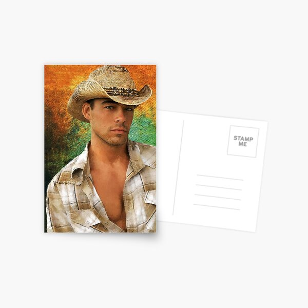 Valenciana: A stunning collage portrait of a handsome male Cowboy set against a multi coloured textured background Postcard