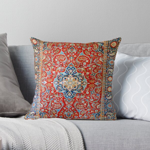 Red Blue Antique Floral Persian Carpet Print Throw Pillow