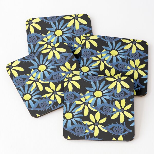 Item preview, decorative watercolor yellow flowers on a black background designed and sold by sonaadalian.
