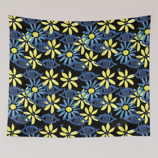Item preview, decorative watercolor yellow flowers on a black background designed and sold by sonaadalian.