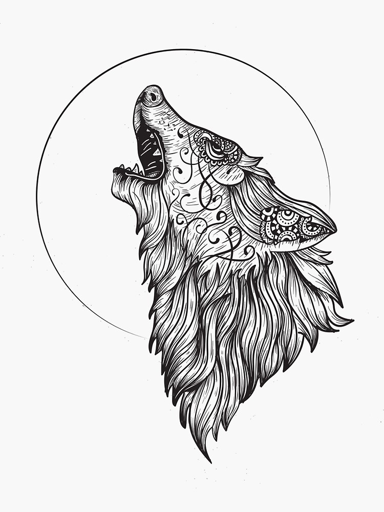 "Wolf Howling at the Moon Drawing" Sticker for Sale by customartcreat