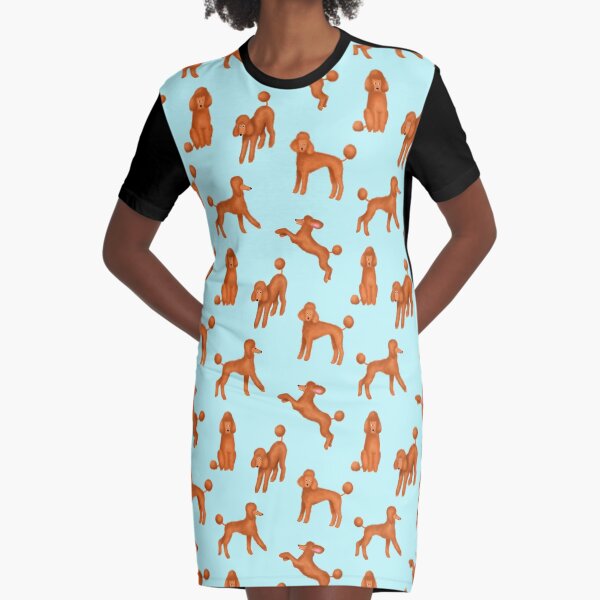 Red Poodles Pattern (Light Blue Background) Graphic T-Shirt Dress