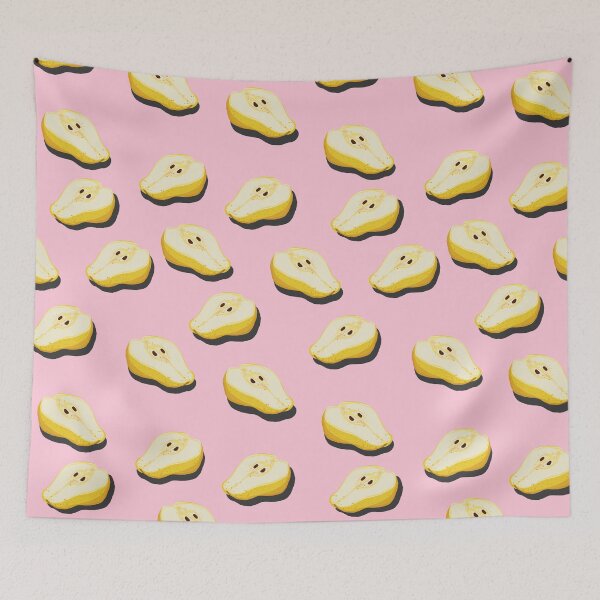 Item preview, Cutaway pear top view pop art with shadow seamless pattern on pink background. designed and sold by NataPrando.