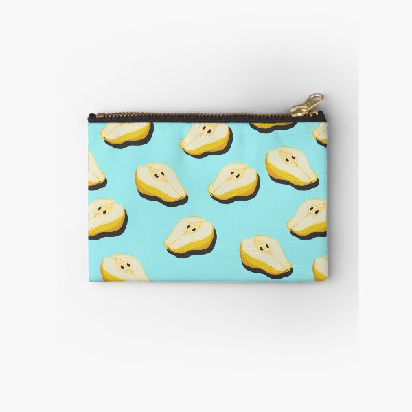 Item preview, Cutaway pear top view pop art with shadow seamless pattern on turquoise background. designed and sold by NataPrando.