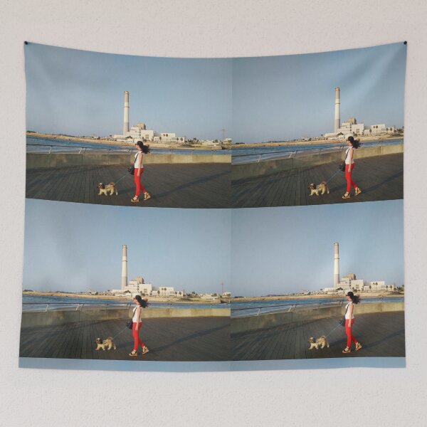 Item preview, Woman walking a dog near a power station  designed and sold by adibe22.