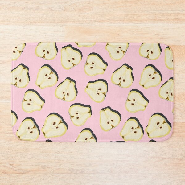 Item preview, Cut half juicy pear top view pop art with shadow seamless pattern on pink background. designed and sold by NataPrando.