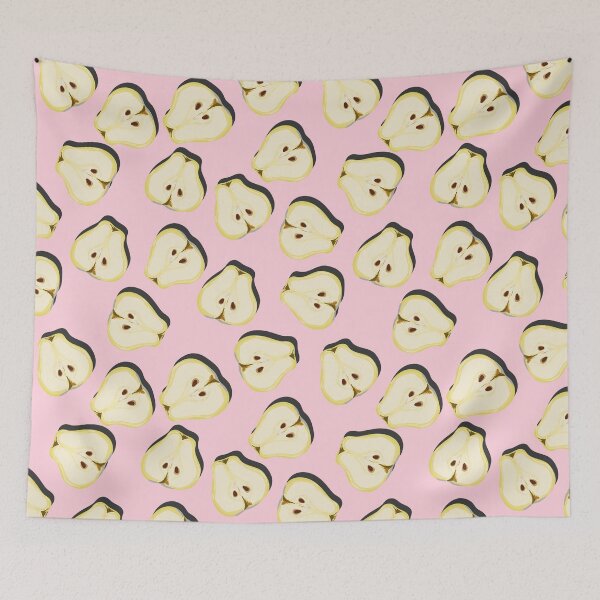 Item preview, Cut half juicy pear top view pop art with shadow seamless pattern on pink background. designed and sold by NataPrando.