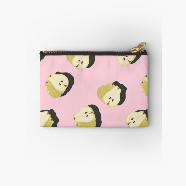 Item preview, Cut half juicy pear top view pop art with shadow seamless pattern on pink background. designed and sold by NataPrando.