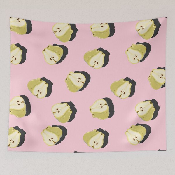 Item preview, Cut half juicy pear top view pop art with shadow seamless pattern on pink background. designed and sold by NataPrando.