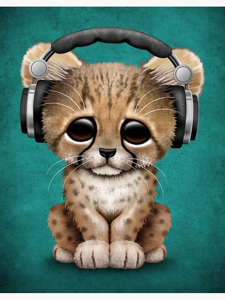 Cute Cheetah Cub Dj Wearing Headphones on Blue | Art Print