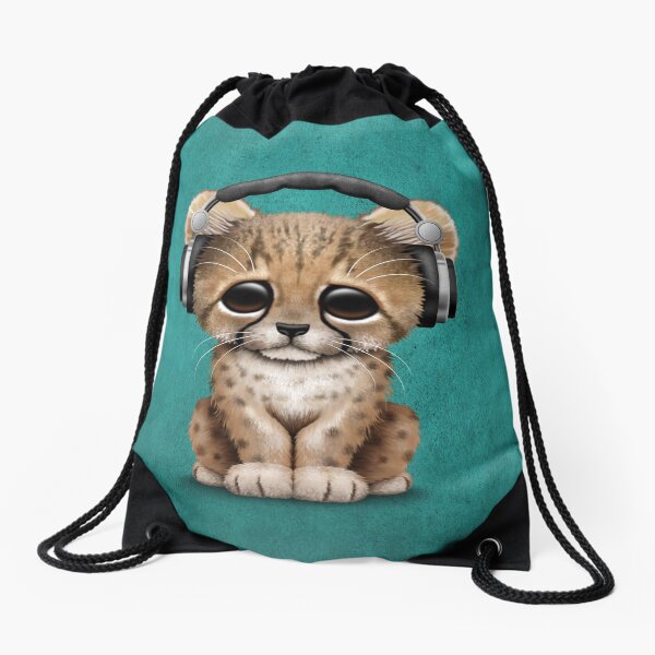 Cute Cheetah Cub Dj Wearing Headphones on Blue Drawstring Bag