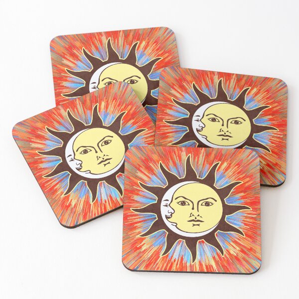 Psychedelic Sun & Moon / Peace Sign Bohemian Hippie Festival Coasters (Set of 4)