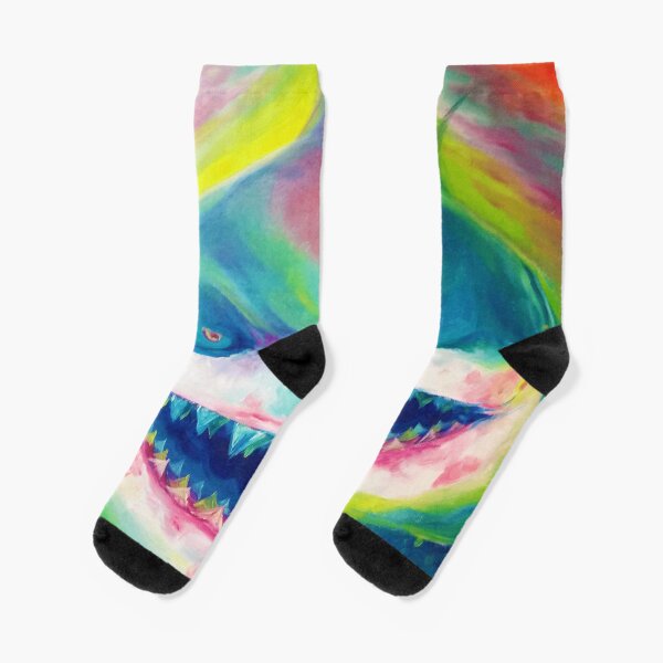 Terrifying Neon Rainbow Shark Acrylic Painting Socks
