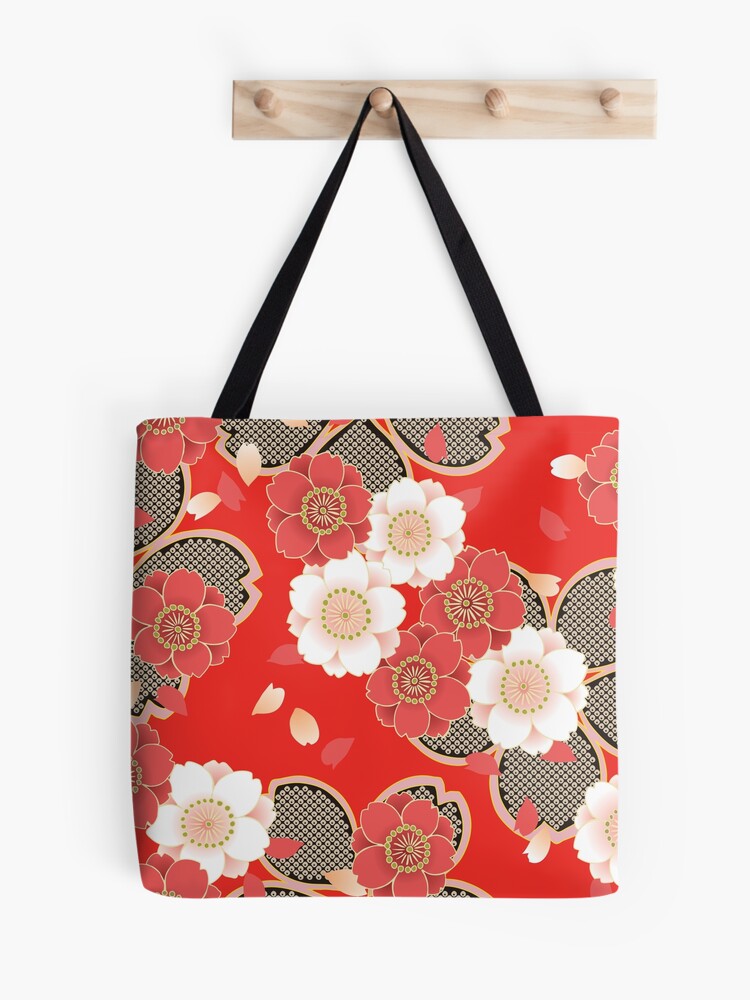 Japanese Vintage Red Black White Floral Kimono Pattern Tote Bag by Vicky  Brago-Mitchell®