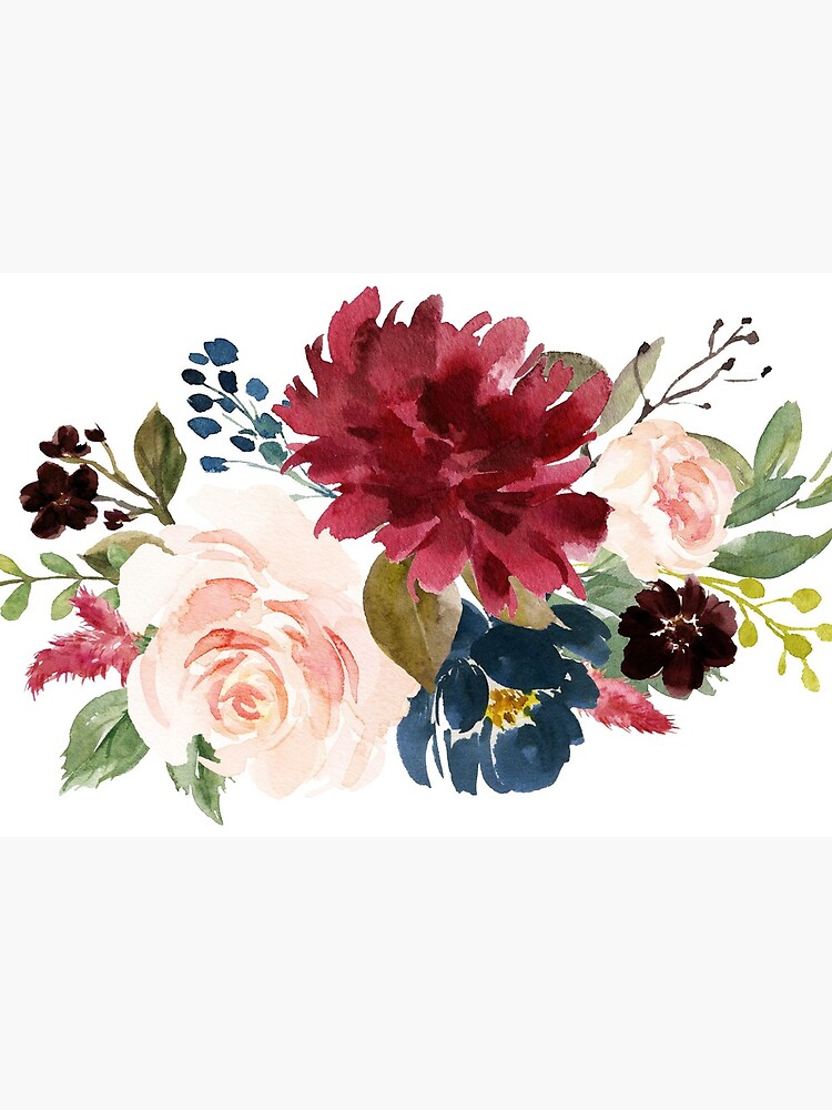 Burgundy Navy Peach Watercolor Flowers Art Board Print for Sale by  junkydotcom