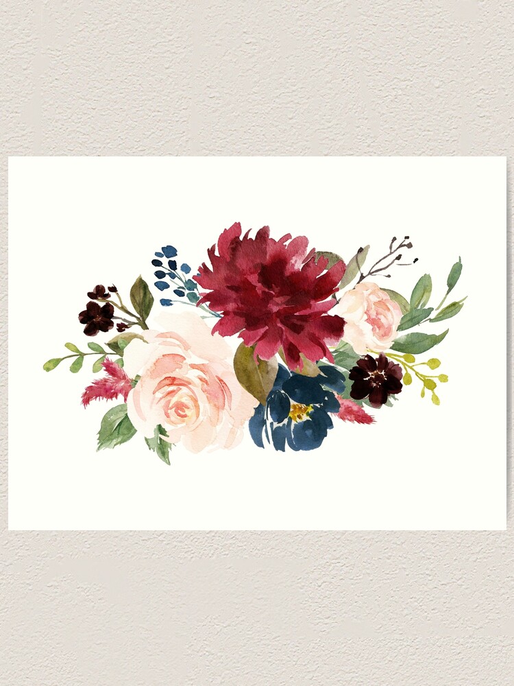 Burgundy Navy Peach Watercolor Flowers Art Print for Sale by