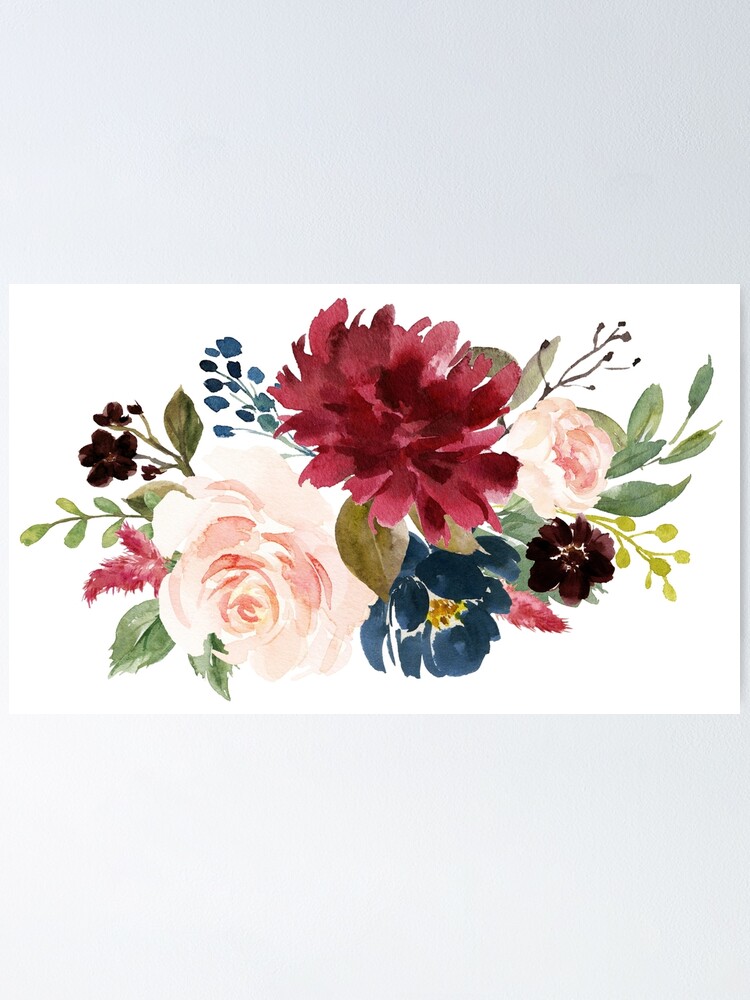 Burgundy Navy Peach Watercolor Flowers | Poster