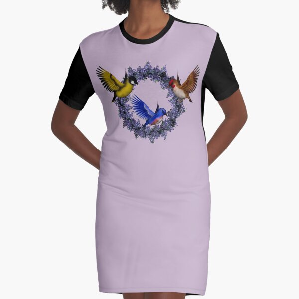 Birds On Purple Floral Wreath Graphic T-Shirt Dress