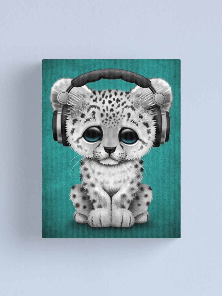 Impression Sur Toile Mignon Leopard Des Neiges Cub Dj Portant Des Ecouteurs Sur Bleu Par Jeffbartels Redbubble