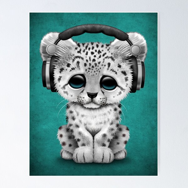 Item preview, Cute Snow leopard Cub Dj Wearing Headphones on Blue designed and sold by JeffBartels.