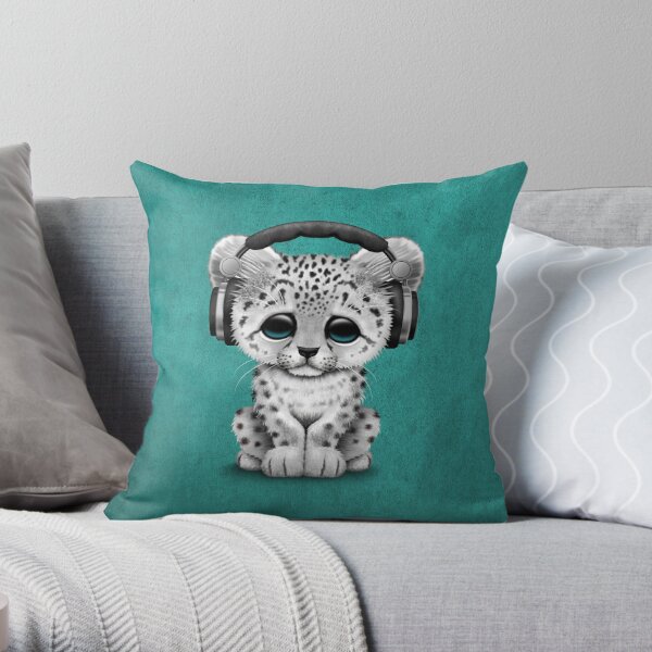 Cute Snow Leopard Cub Dj Wearing Headphones On Blue Throw Pillow By Jeffbartels Redbubble