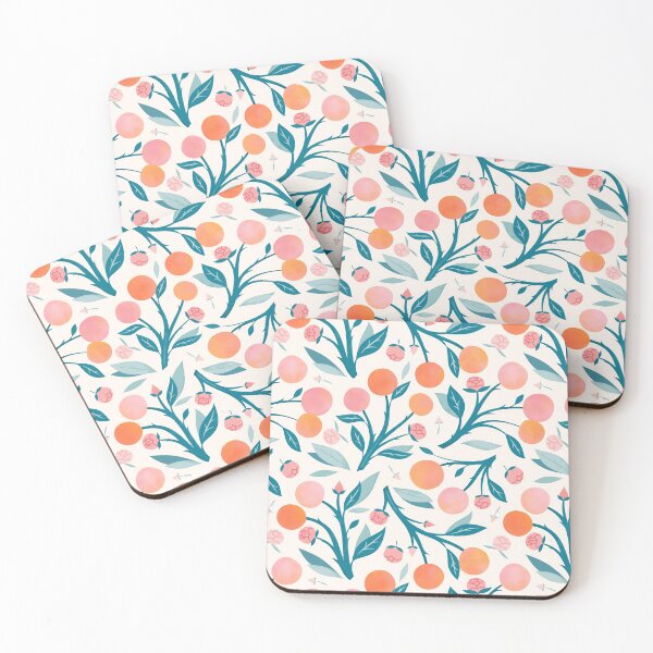 Peaches and Peony Buds Coasters (Set of 4)