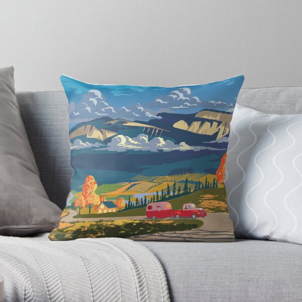 Vintage travel camper country landscape poster Throw Pillow