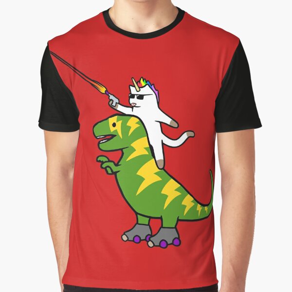 Unicorn Cat Riding Lightning T-Rex (Red Background) Graphic T-Shirt