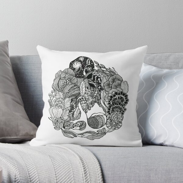 Aquarius Rising Black and White Doodle Art Throw Pillow