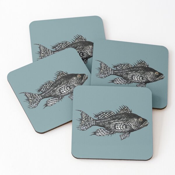 Item preview, Black Sea Bass Drawing in muted turquoise designed and sold by Michelebuttons.