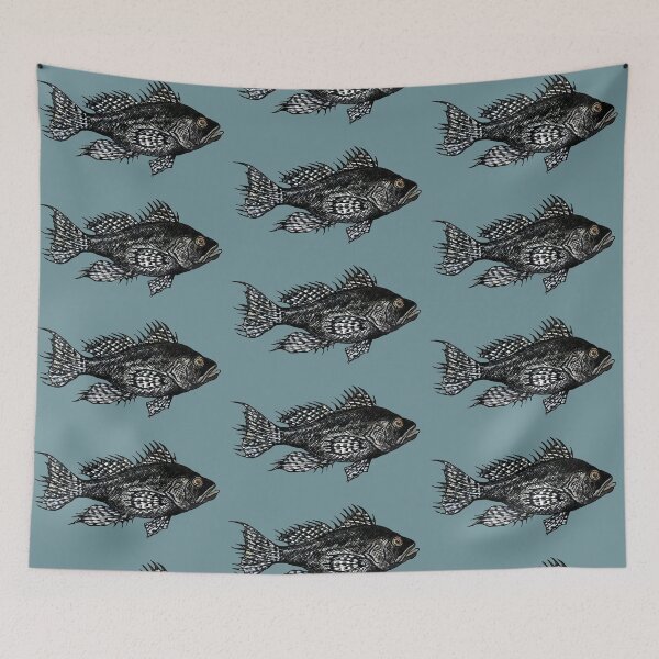 Item preview, Black Sea Bass Drawing in muted turquoise designed and sold by Michelebuttons.