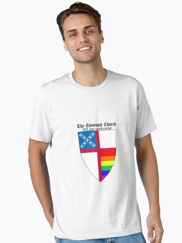 Thumbnail 1 of 7, Essential T-Shirt, Episcopal Church Shield with Rainbow Pride Horizontal Stripes 1 designed and sold by litmusician.