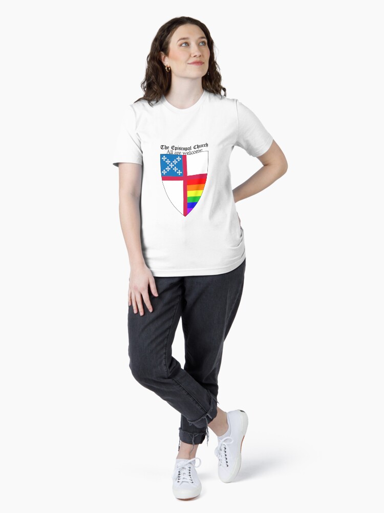 Thumbnail 4 of 7, Essential T-Shirt, Episcopal Church Shield with Rainbow Pride Horizontal Stripes 1 designed and sold by litmusician.