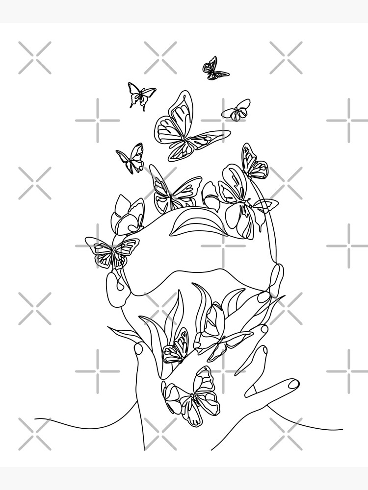 Abstract face with butterfly by one line drawing. Portrait minimalistic style. Botanical print. Nature symbol of cosmetics. Modern continuous line art. Fashion print. Beaty salon art by OneLinePrint
