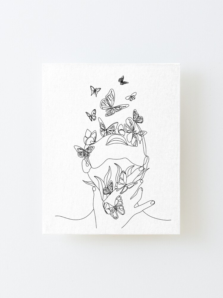 Alternate view of Abstract face with butterfly by one line drawing. Portrait minimalistic style. Botanical print. Nature symbol of cosmetics. Modern continuous line art. Fashion print. Beaty salon art Mounted Print