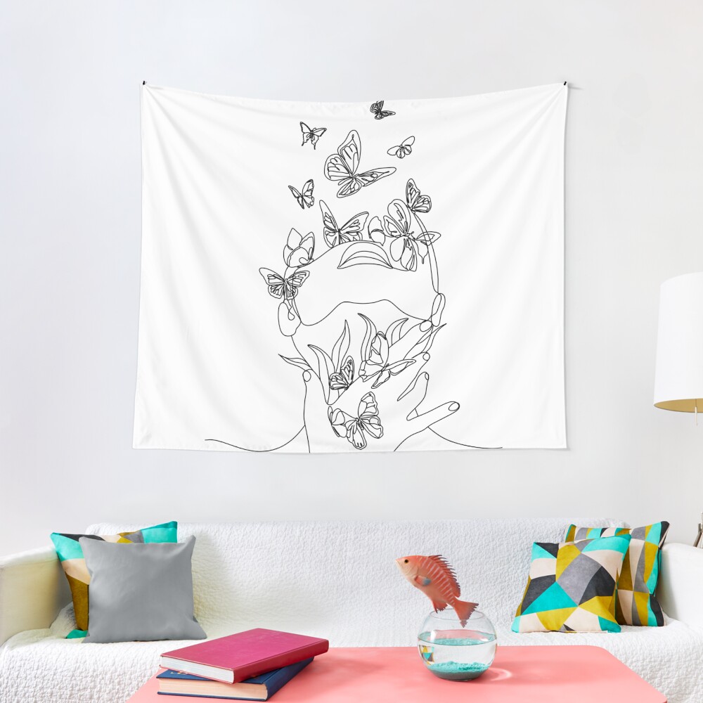 Abstract face with butterfly by one line drawing. Portrait minimalistic style. Botanical print. Nature symbol of cosmetics. Modern continuous line art. Fashion print. Beaty salon art Tapestry