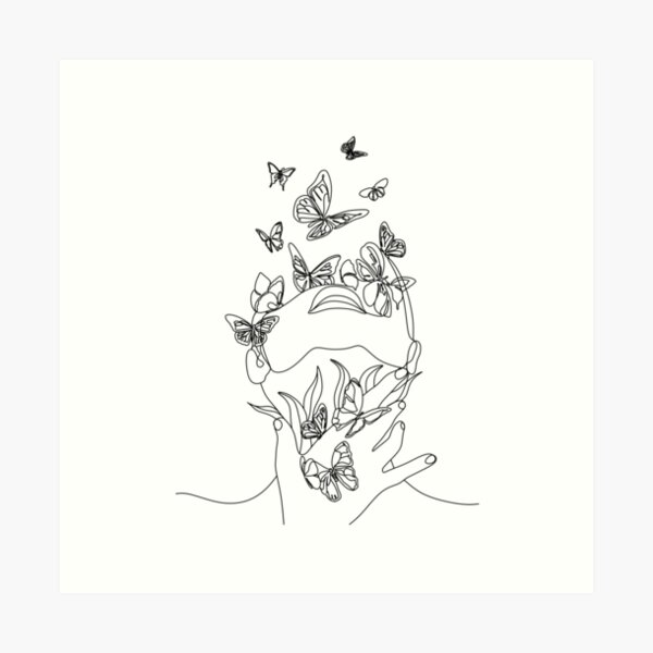 Abstract face with butterfly by one line drawing. Portrait minimalistic style. Botanical print. Nature symbol of cosmetics. Modern continuous line art. Fashion print. Beaty salon art Art Print
