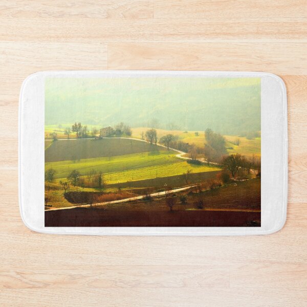 Item preview, Winding road between fields bathed in sunlight and covered with fog designed and sold by Kristina Drozd.