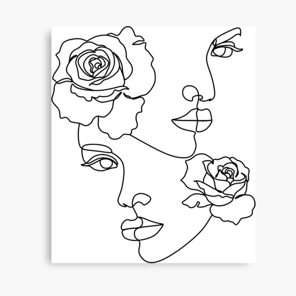 Abstract face of 2 womans with flowers by line art vector drawing. Portrait minimalistic style.  Botanical print. Nature symbol of cosmetics. Modern continuous line art.  Beaty salon logo.  Canvas Print