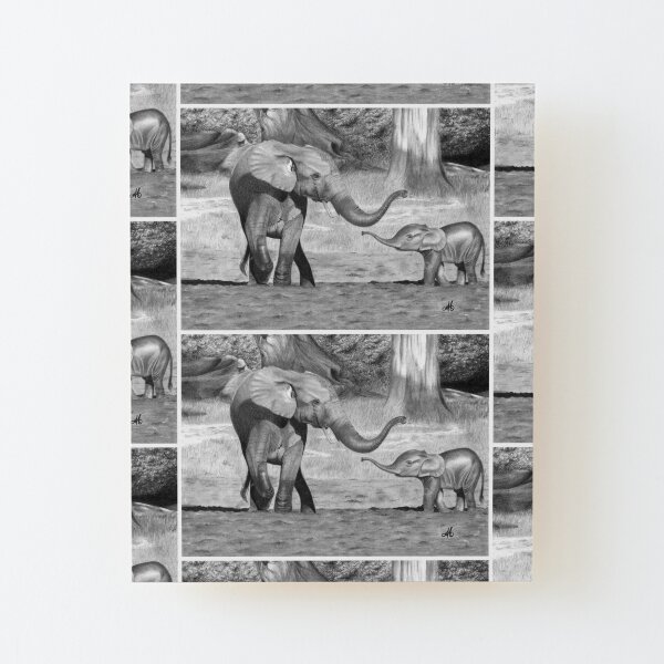 Dessin d'éléphante et son éléphanteau Impression montée sur bois