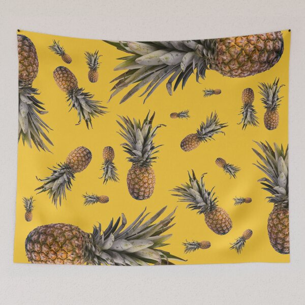 Item preview, Photograph of a whole sweet pineapple on a yellow curry colored backdrop perfect tropical fruit design background for bedspreads, blankets, fashion, pillows, and more. designed and sold by g2rdsmith.