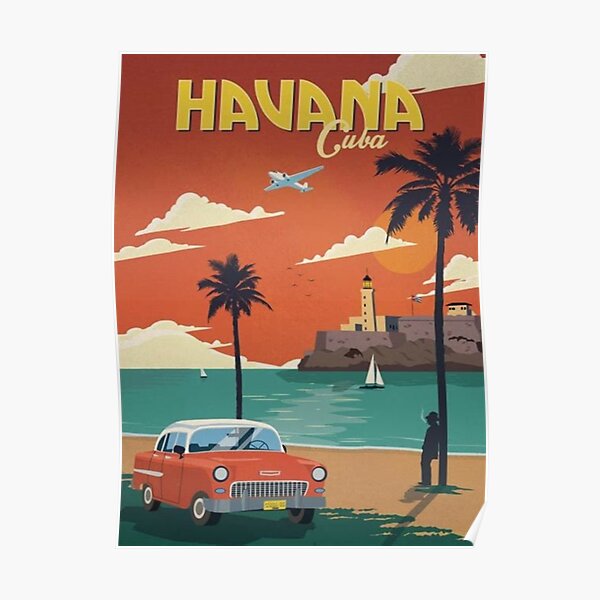 Just a Hop and you are in Cuba  Havana Caribbean Vintage Travel Poster Print 