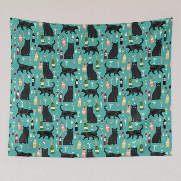 Item preview, Black cat wine champagne cocktails cat breeds cat lover pattern art print by PetFriendly designed and sold by PetFriendly.