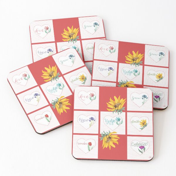 Inspire Love with uplifting words, hearts and flowers Coasters (Set of 4)