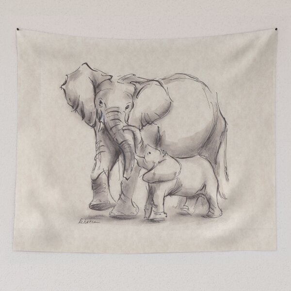 Item preview, Unconditional Love - Mama & baby elephant ink wash painting designed and sold by Rebecca Rees.