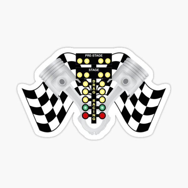 Racing Flag Racing Tree and Pistons - Black Background Sticker