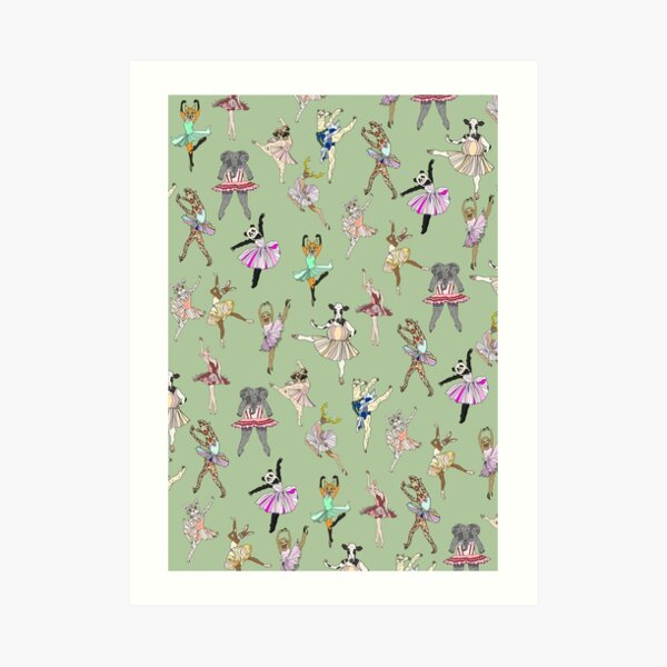 Festive Animal Ballet Hipsters on Green Art Print