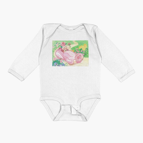 "Rose Petal Racer" - Flower, Girl, Car, Driving, Cute, Pastel, Pink, Green, Yellow, Flowers, Roses Long Sleeve Baby One-Piece