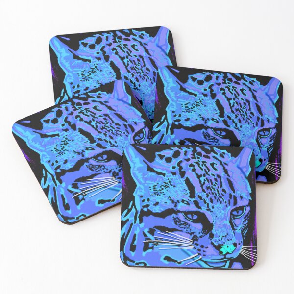 Item preview, Bright neon blues painted Ocelot Cat designed and sold by Jennifer Stedman.