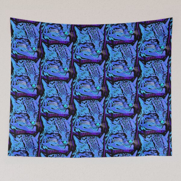 Item preview, Bright neon blues painted Ocelot Cat designed and sold by Jennifer Stedman.